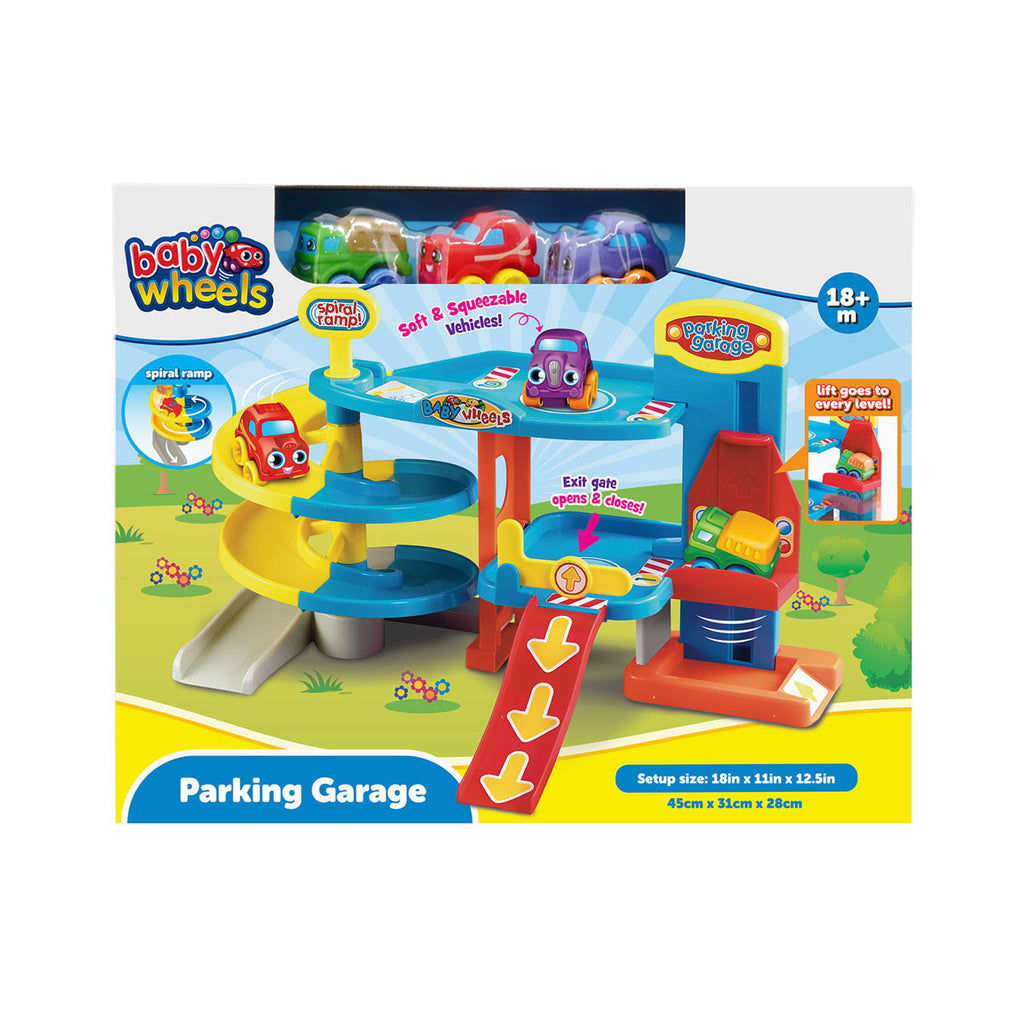 Baby Wheels Parking Garage – Chunky Car Playset with Lift, Spiral Ramp & 3 Soft Vehicles