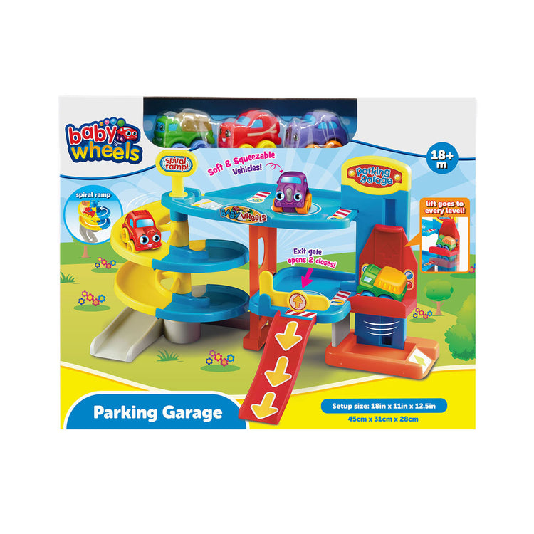 Baby Wheels Parking Garage – Chunky Car Playset with Lift, Spiral Ramp & 3 Soft Vehicles