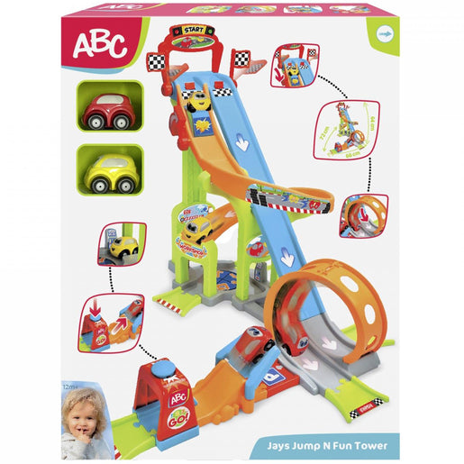 ABC Jays Jump N Fun Tower Race Track – Dual Lane Looping Car Playset for Toddlers
